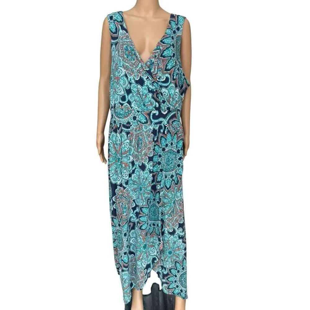 Lands' End cotton blend sleeveless knit maxi dress paisley floral surplice sz 3X